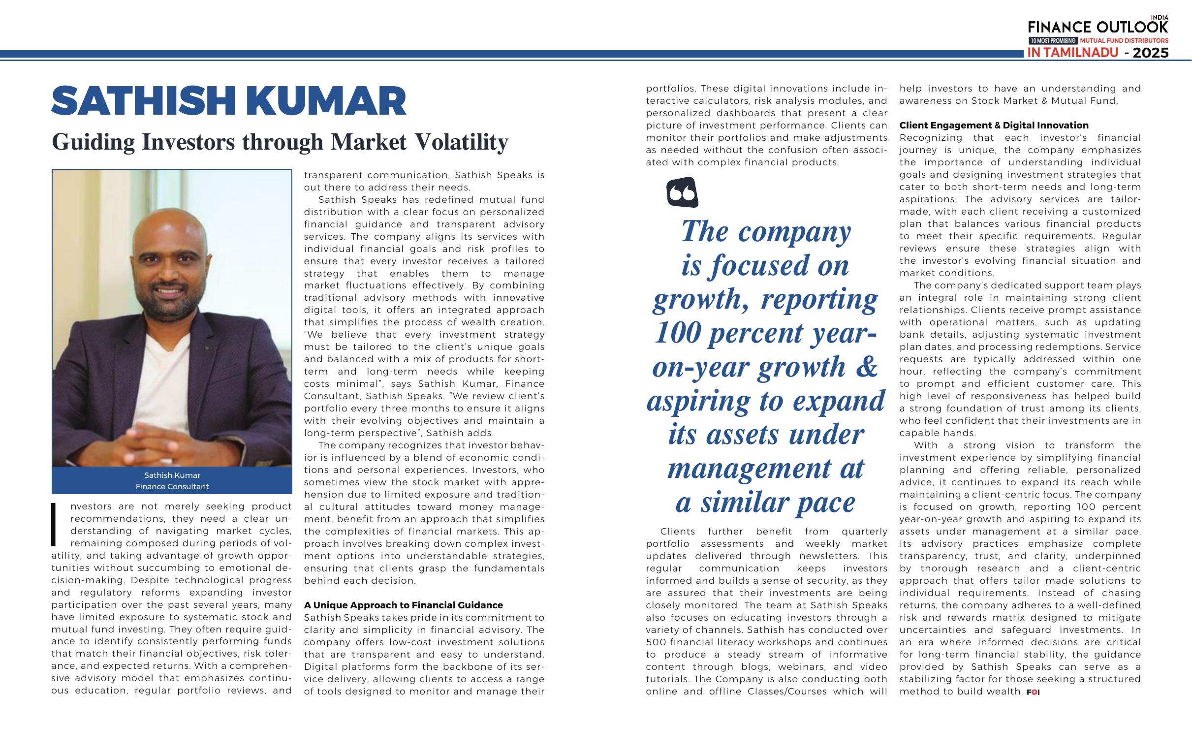 Finance Outlook India feature article about Sathish Kumar